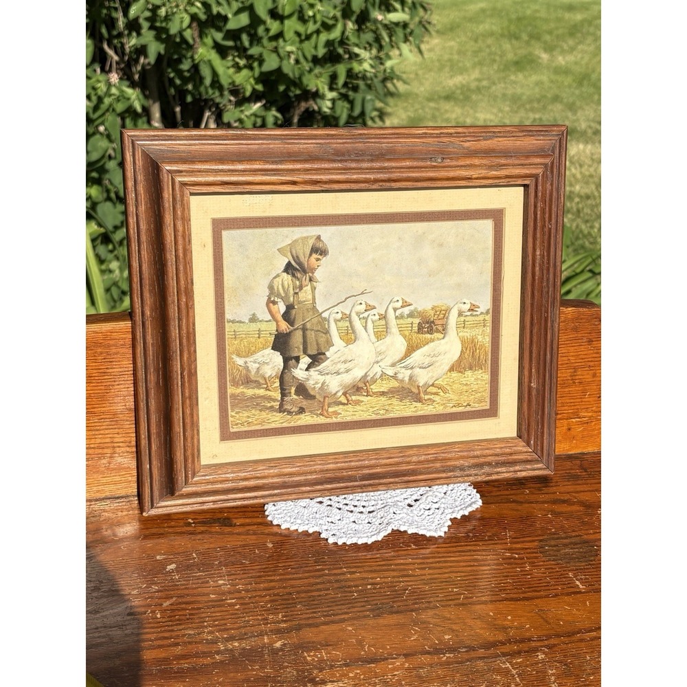 Vintage Wood Framed Lithograph Picture Of Girl And Geese Cottagecore Farmhouse